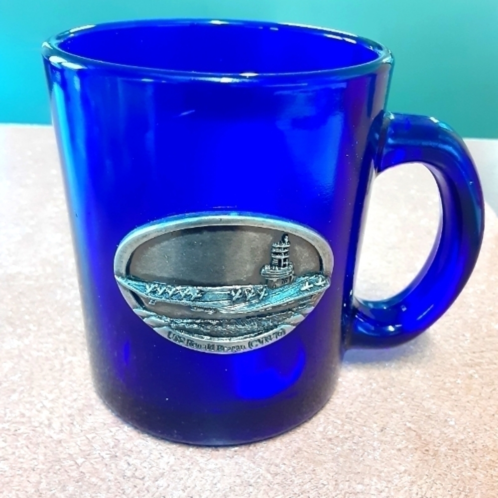 Rare Find, USS Ronald Reagan Collectible Glass Mug with Pewter Emblem.
